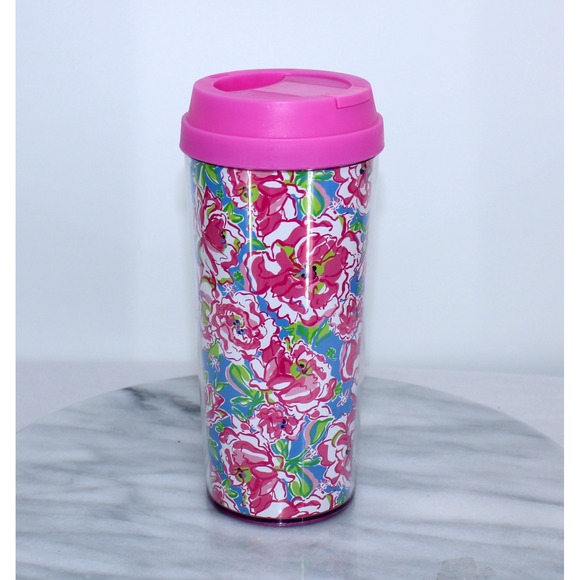 Lilly Pulitzer Other - Lilly Pulitzer Floral Travel Tumbler Pink Blue 16oz Insulated Acrylic Coffee Mug
